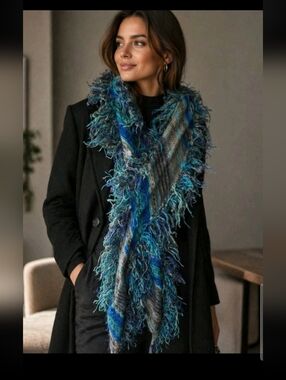 Free People Printed Scarf  Boho Chic Wool Blend Fringe Statement Scarf